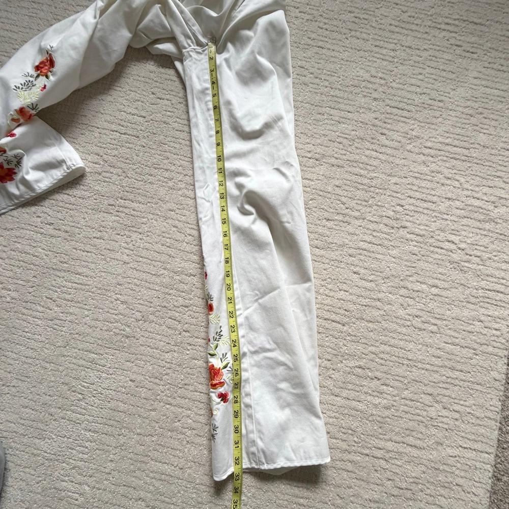 Cache White Floral Embroidered Flare Leg Pants 8 Boho Wide Leg Slit Zip Hem READ - Picture 8 of 16